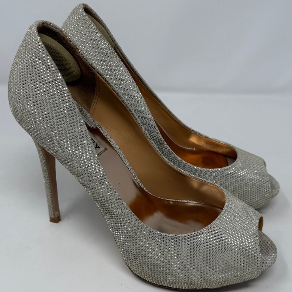 Badgley Mischka Champagne Gold Glitter Peep Toe Platform Pumps Heels 8M